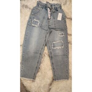 FRAYED Women's Super Rise Crop Utility Jeans Distressed Frayed Hem Tie Waist